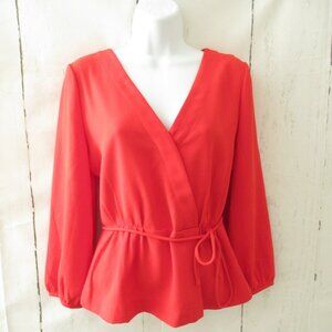 J Crew Top 8 Petite Red Long Sleeve Belted Peplum V Neck